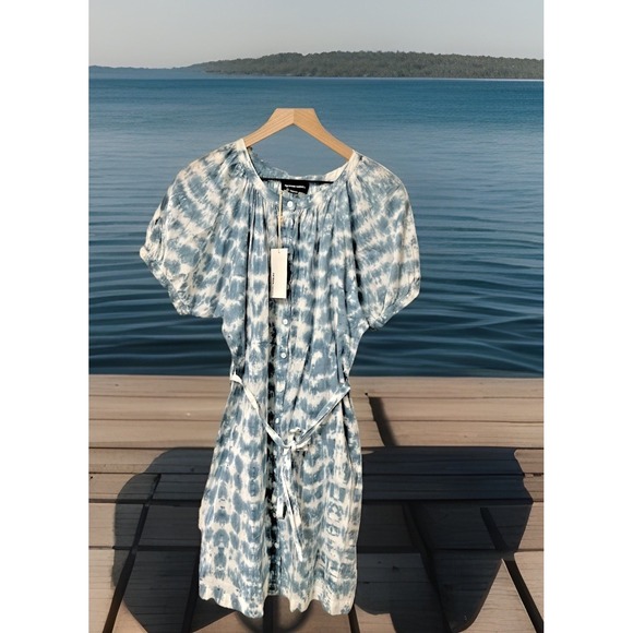 Fifteen Twenty Women Size Small Blue Tie Dye Puff Sleeve Dress USA Made Boutique